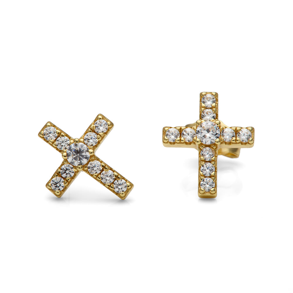 Pendientes de cruz de plata con baño de oro 18k con circonitas blancas. Un diseño elegante de LAURENSONS