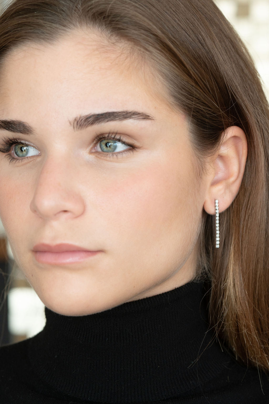 Pendientes riviere de plata rodiada, o con baño de oro 18k, con circonitas blancas de 2 mm y 3 o 7 cm de largo