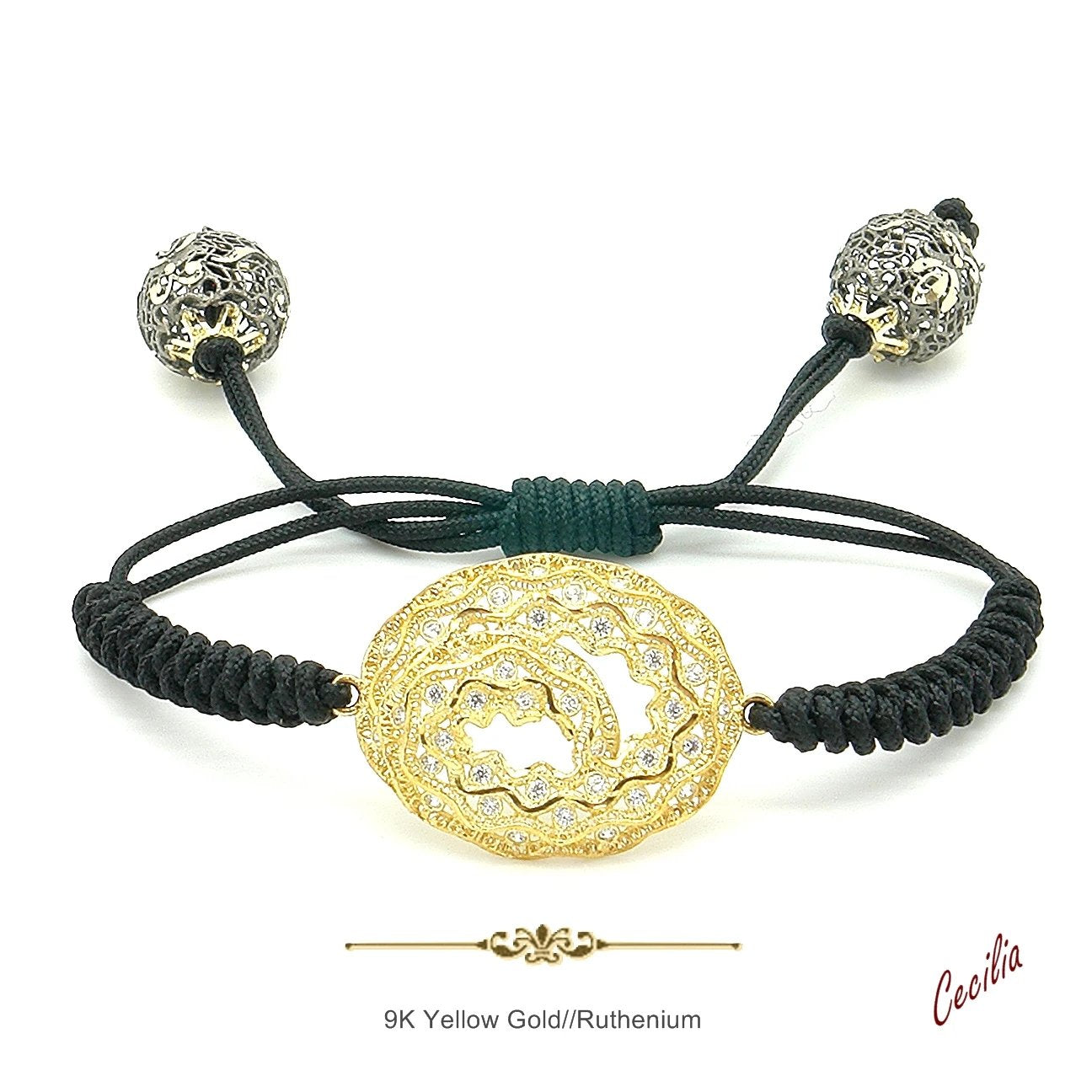 Pulsera de macramé con medallón redondo de oro 9K