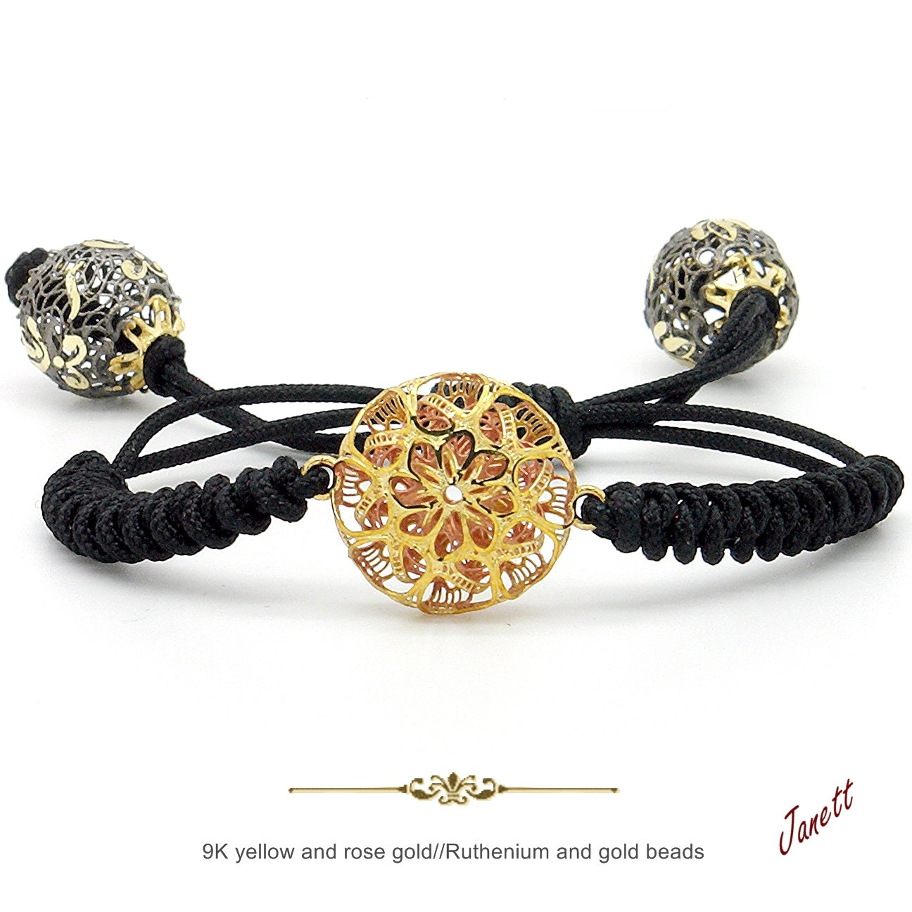 Pulsera de macramé negro con esfera de filigrana en oro 9K